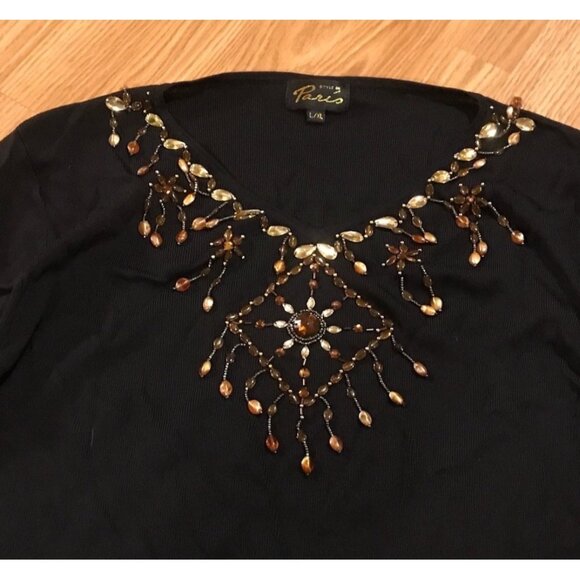 Vintage L/XL Style De Paris Beaded Dark Brown Tunic Top 3/4 Sleeve - Picture 1 of 8
